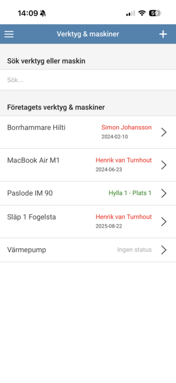 Bild på vyn med maskiner och verktyg i appen.