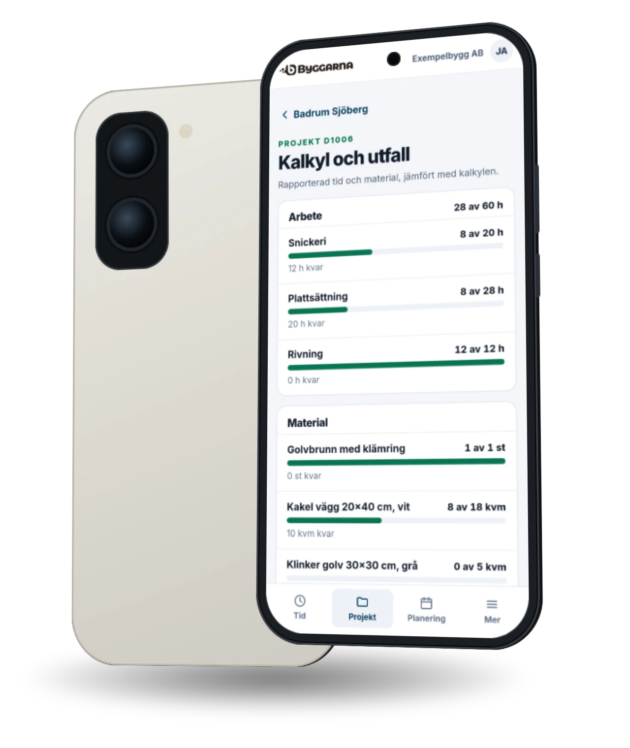 Mobilappen med projektets kalkyl och utfall, med gjorda timmar och använt material mot kalkylen.