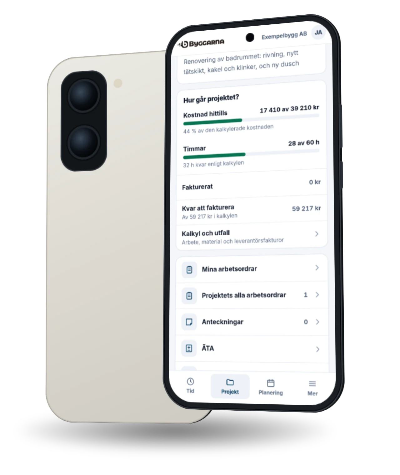 Mobilappen med projektets kort Hur går projektet?, med kostnaden hittills mot kalkylen och timmarna.